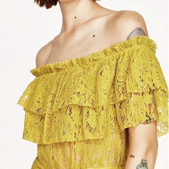 Zara Yellow Off The Shoulders Lace Dress- Size Small - Picture 5 of 16